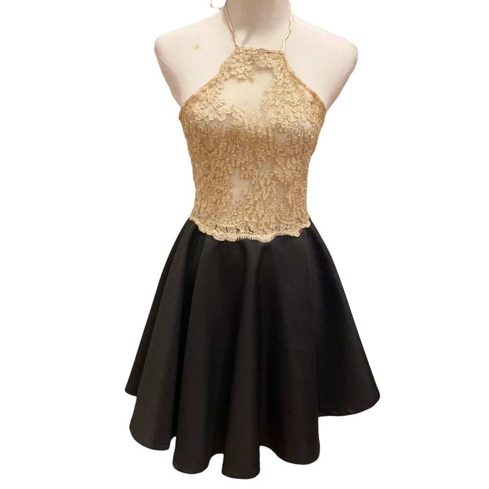 Akira Chicago Black Label Gold Lace Halter Dress Fit Flare S Cocktail Formal
